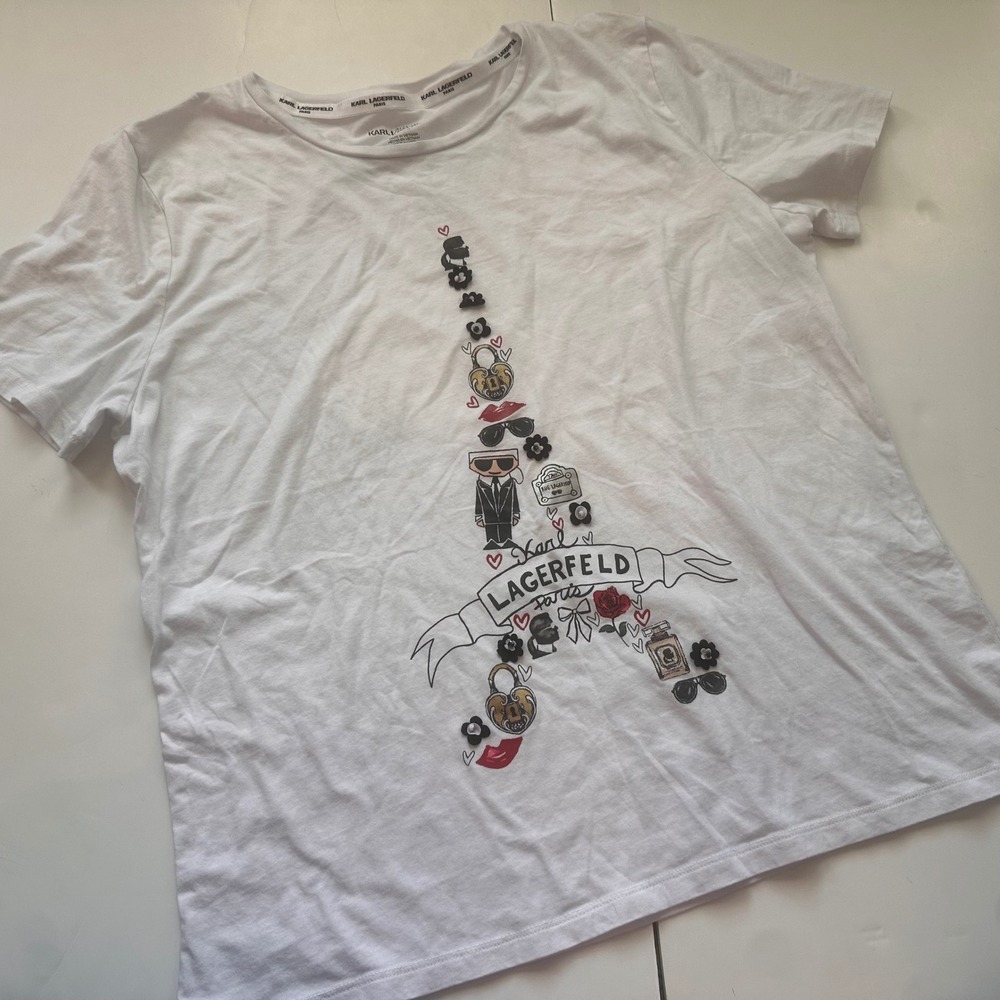 Karl Lagerfeld Paris Womens White Eiffel Tower Graphic T-Shirt Size Large